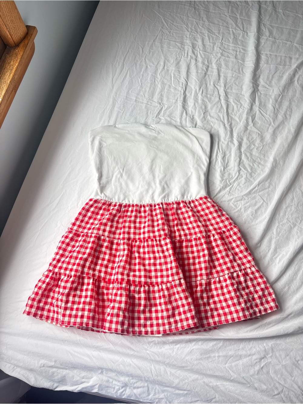 Strapless Mini Dress with Red Gingham Skirt - Unbranded